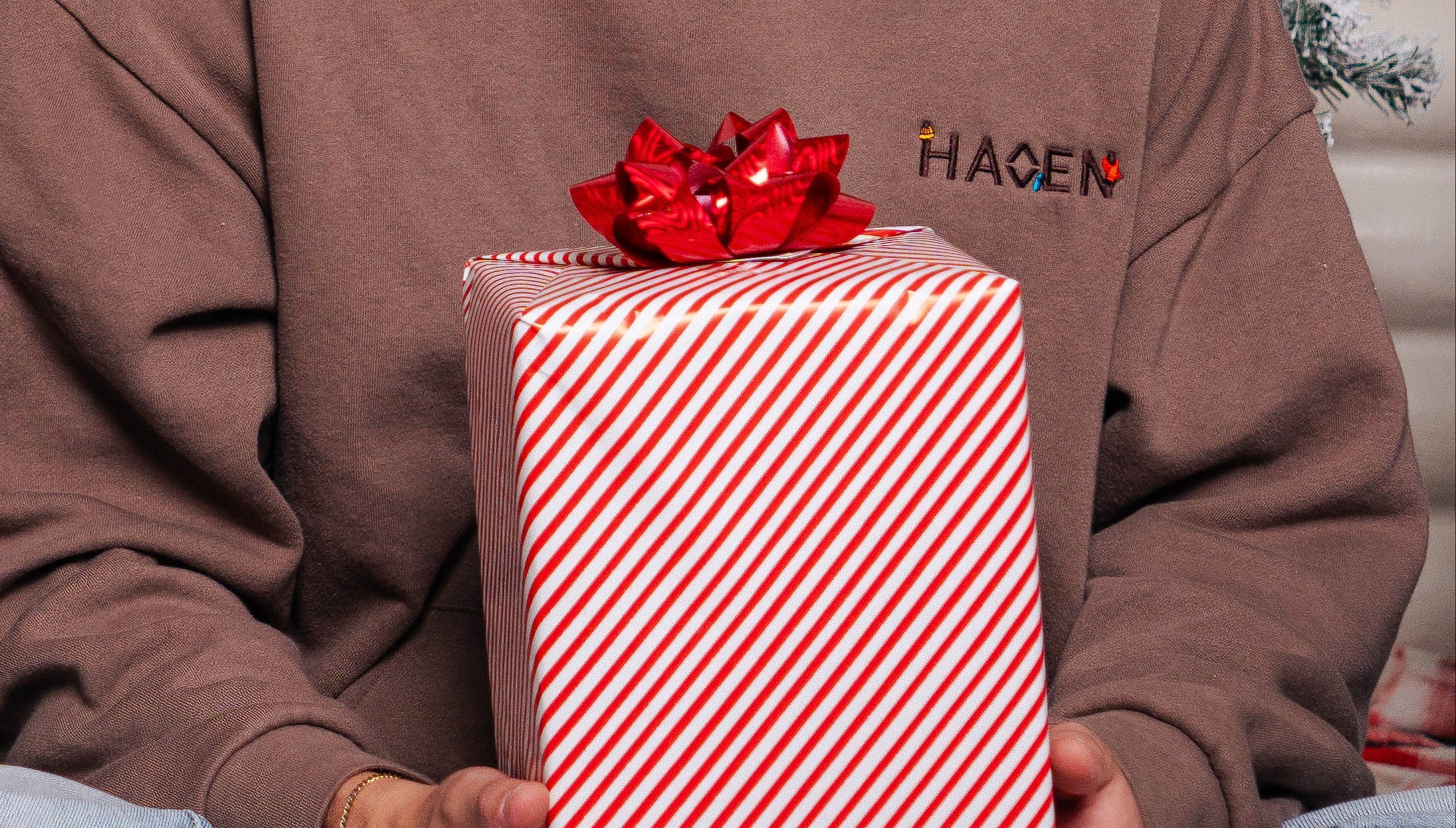 Person holding a red and white striped gift box with a red bow, wearing a brown "Haven" sweatshirt.